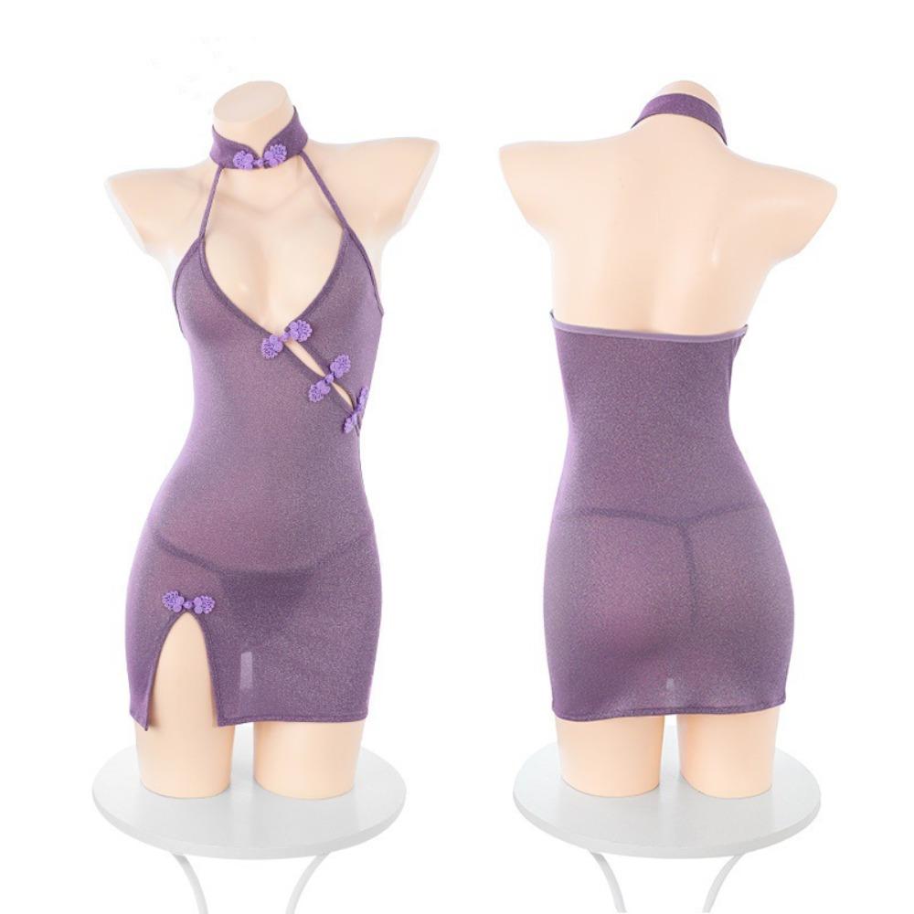 Domila's New Luxury Lady Deep V Open Chest Diagonal Cheongsam Sex Underwear Sexy Pure Desire Perspective Temptation
