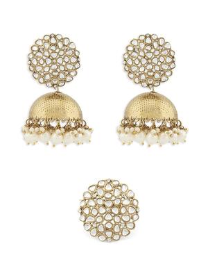 Antiek Goudkleurige Traditionele Kundan Jhumki Oorbellen en Ring Set voor Dames