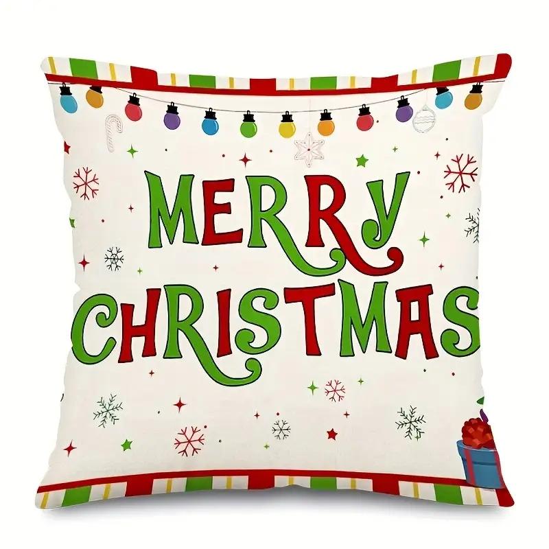 1pc Double-Sided Merry Christmas Pillowcase with Red & Green Snowflake Pattern, Golden Lettering & H
