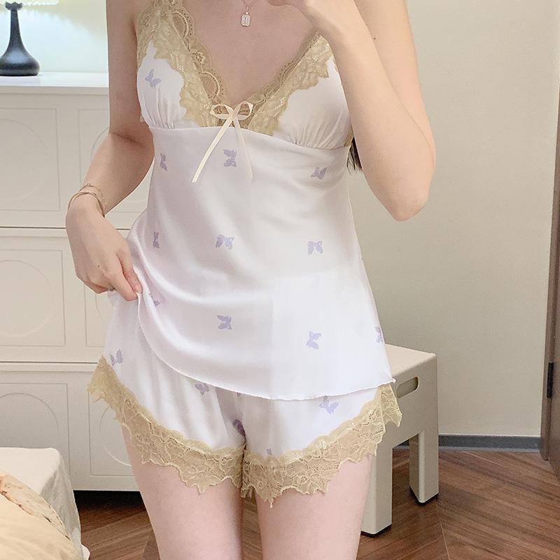 New ice silk pajamas set Internet celebrity print lace casual thin summer suspender shorts spring and autumn