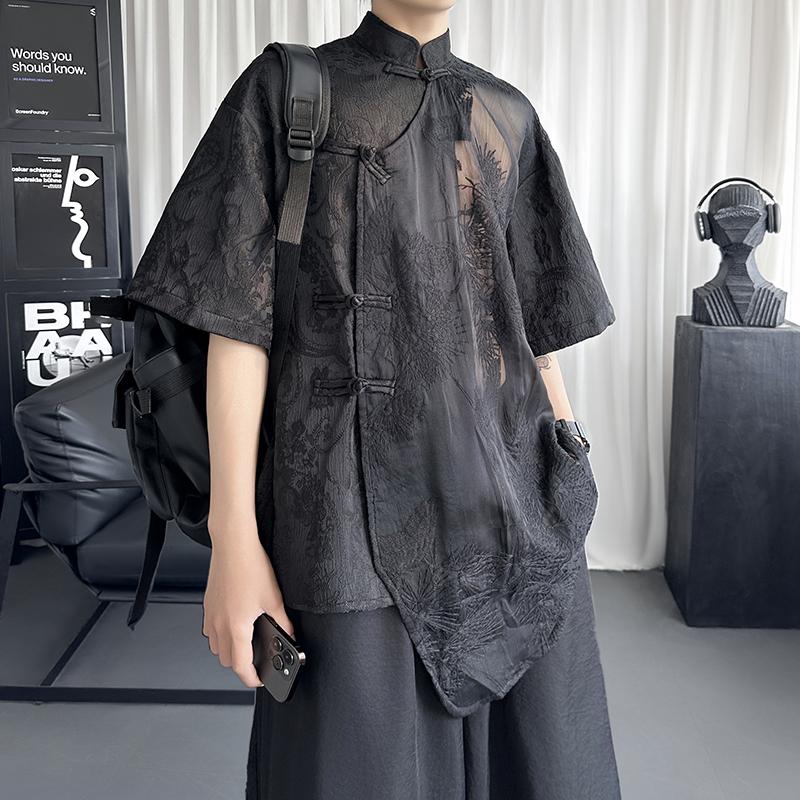 

2025 Men Stand Collar Jacquard Shirts Men Embroidered Shirt Men Long Sleeved Lace Shirts 2025 Spring Male Solid Color Sexy Tops M чёрный