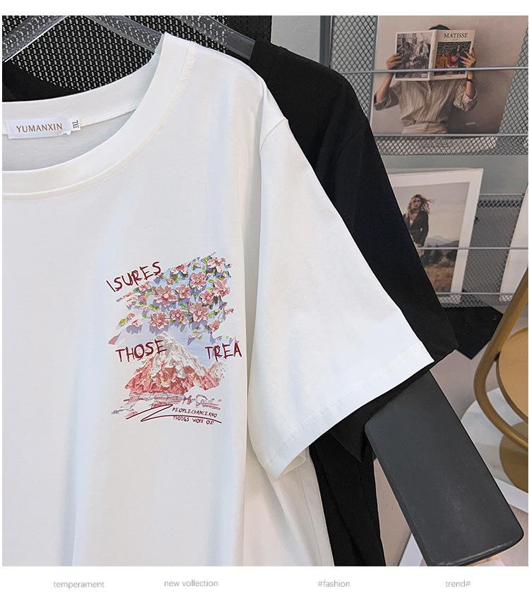 Women's Plus Size Loose Fit Mid-Length Round Neck T-Shirt with Short Sleeves and Slimming Design.
