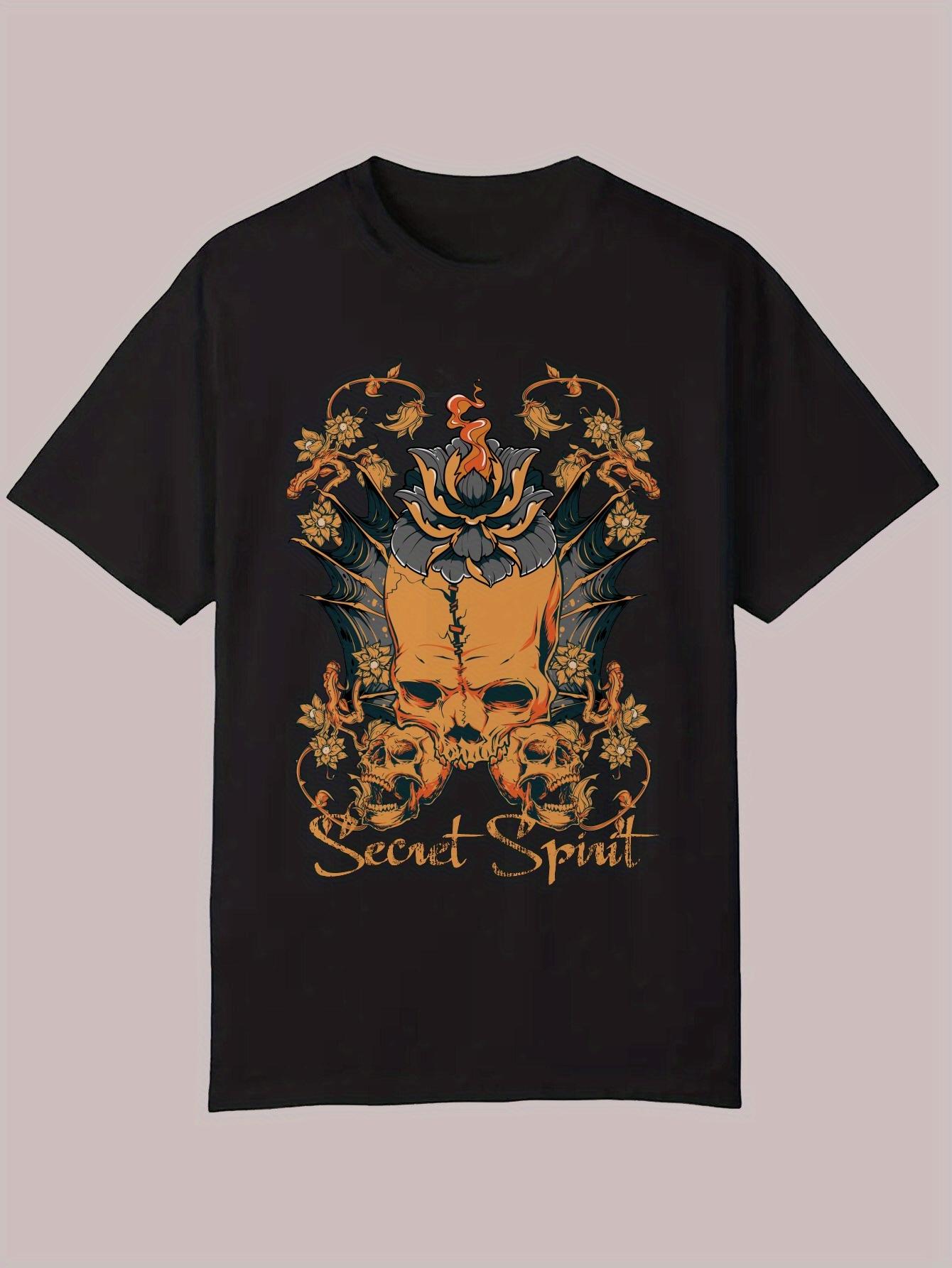 Casual Crew Neck T-shirt - Mystical Skull & Floral Design S