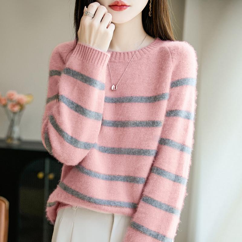 Women Sweater 100% Wool MODERN NEW SAGA O-neck Stripe Knit Pullover Thick Winter Jumpers Female Knit Tops