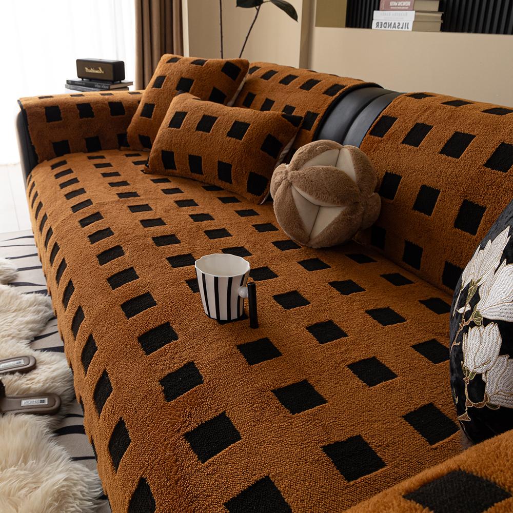 Winter Plush Sofa Cushion Checkered Pattern Soft  Warm Home Protection Cover Anti-Slip Sofa Pad for Living Room Decor Office
