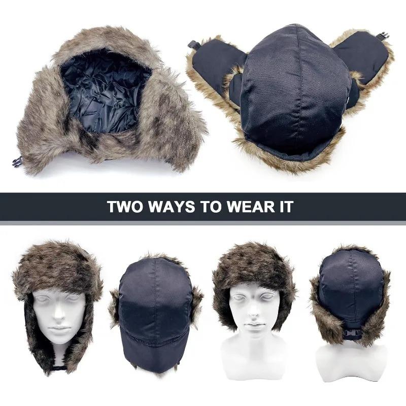 Russian Ushanka Winter Hat Mens Warm Soldier Pilot Hat Patrolman Earmuffs Polyester Fiber Windproof Cold Weather Gear