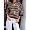 Women Loose Fit Crew Neck 3 4 Sleeve Striped Knit Sweater