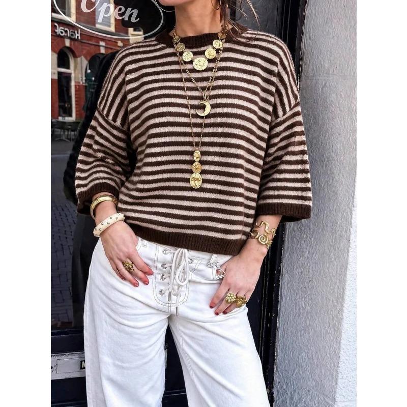 Women Loose Fit Crew Neck 3 4 Sleeve Striped Knit Sweater