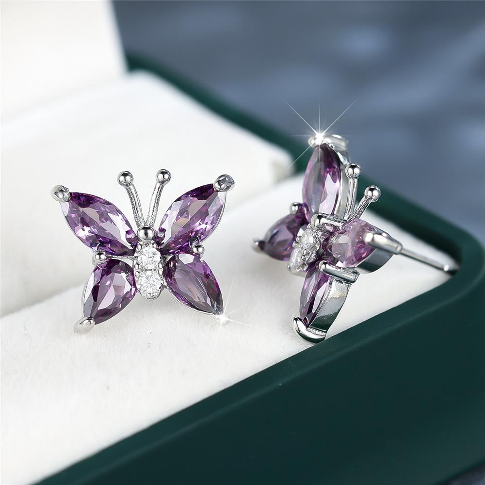 Simple Female Purple Crystal Stone Silver Color Stud Earrings Cute Bridal Butterfly Weddings Jewelry For Women