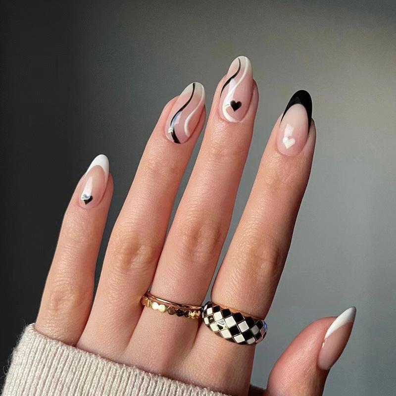 24 Pcs Almond Shaped Fake Nails French Tip Design Full Coverage Press On Nails Removable False Nail Art