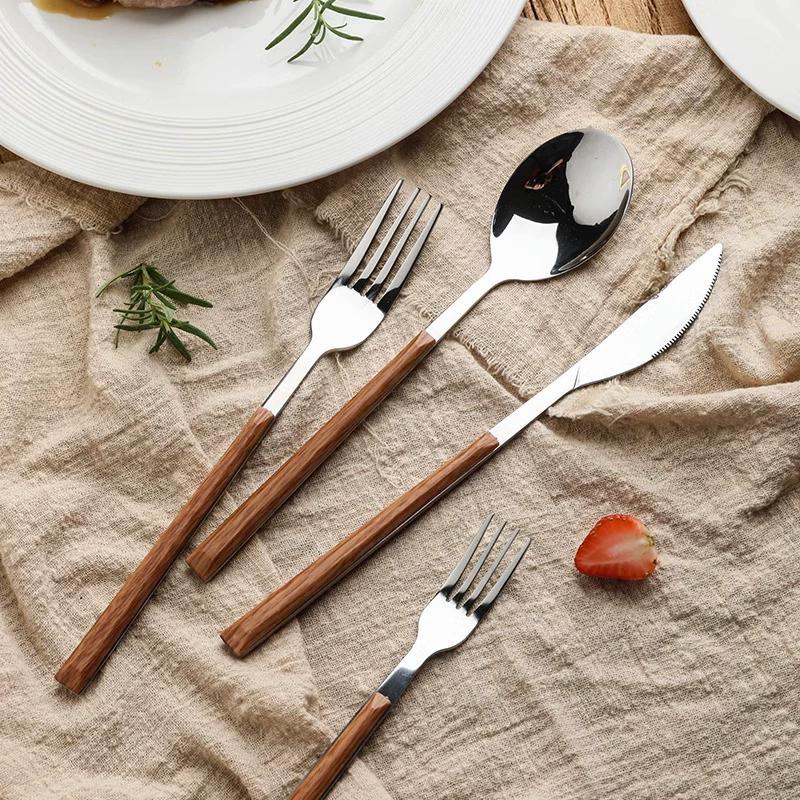Juego de Cubiertos de Acero Inoxidable con Mango de Imitación Madera 5 Piezas Vajilla Occidental Cuchillo Tenedor Cuchara Juego de Cubiertos de Cocina Vajilla