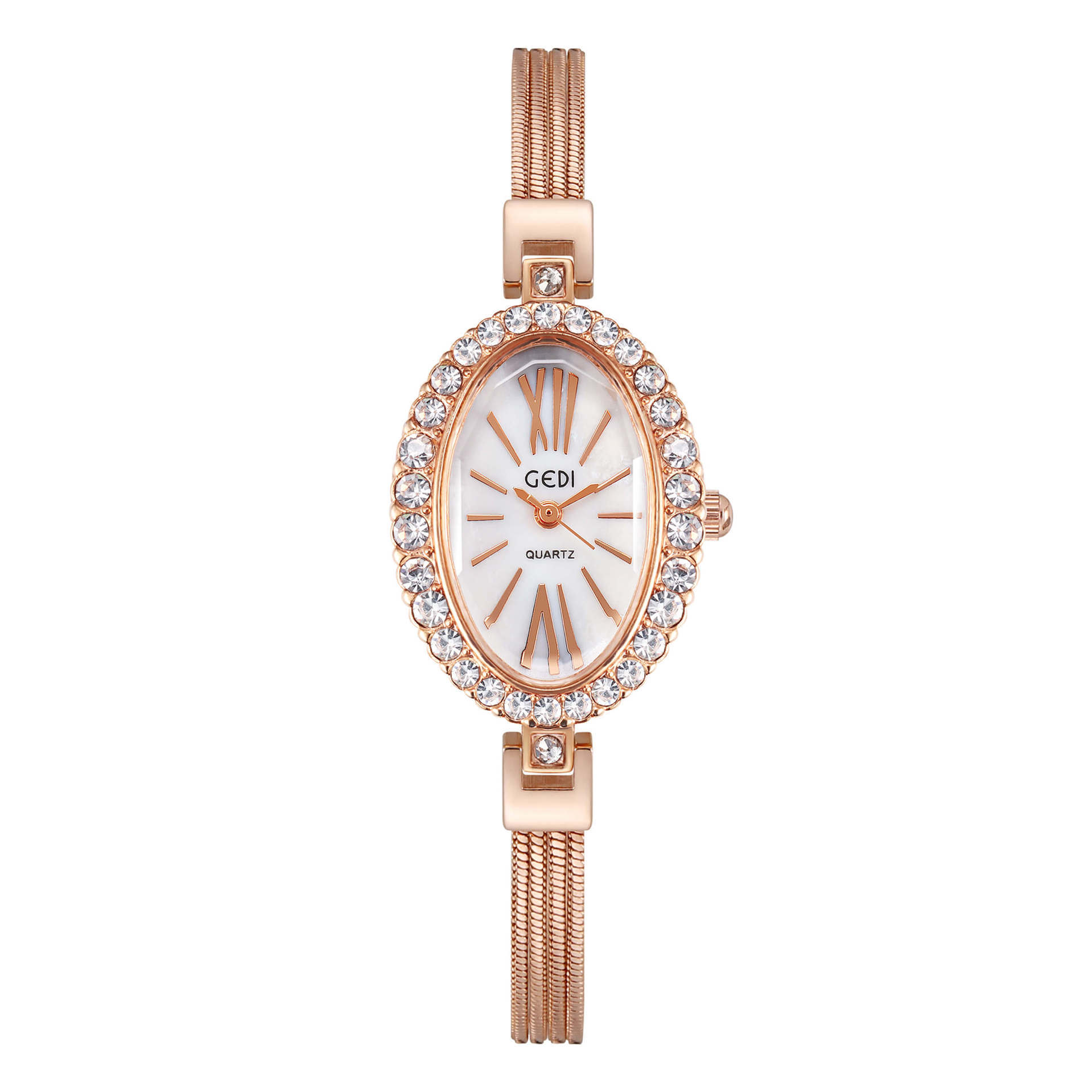 

Full Diamond Personality Niche Oval Small Plate Ladies Light Luxury Fashion Waterproof Bracelet Quartz Watch рожевий колір золота
