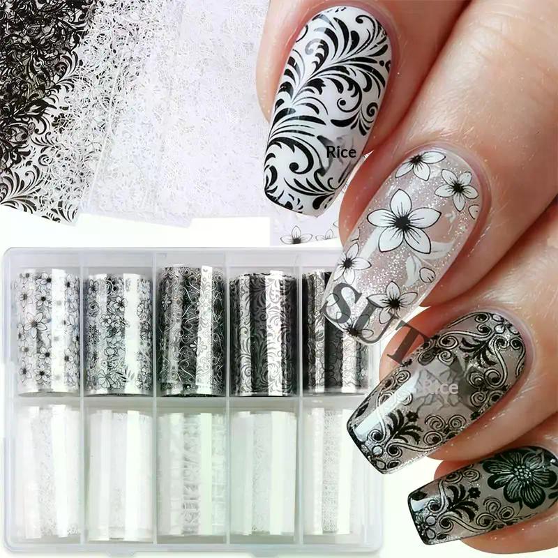 10 Rolls Nail Transfer Foils Sticker Black White Red Lace Flowers Nail Art Nail Charms DIY Nail Decoration Manicure Accessories