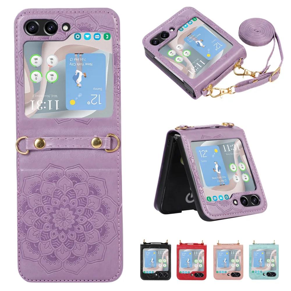 Crossbody Lanyard Flower Mandala Phone Case for Samsung Galaxy Z Flip 5 Flip5 5G PU Leather Shockproof Cover