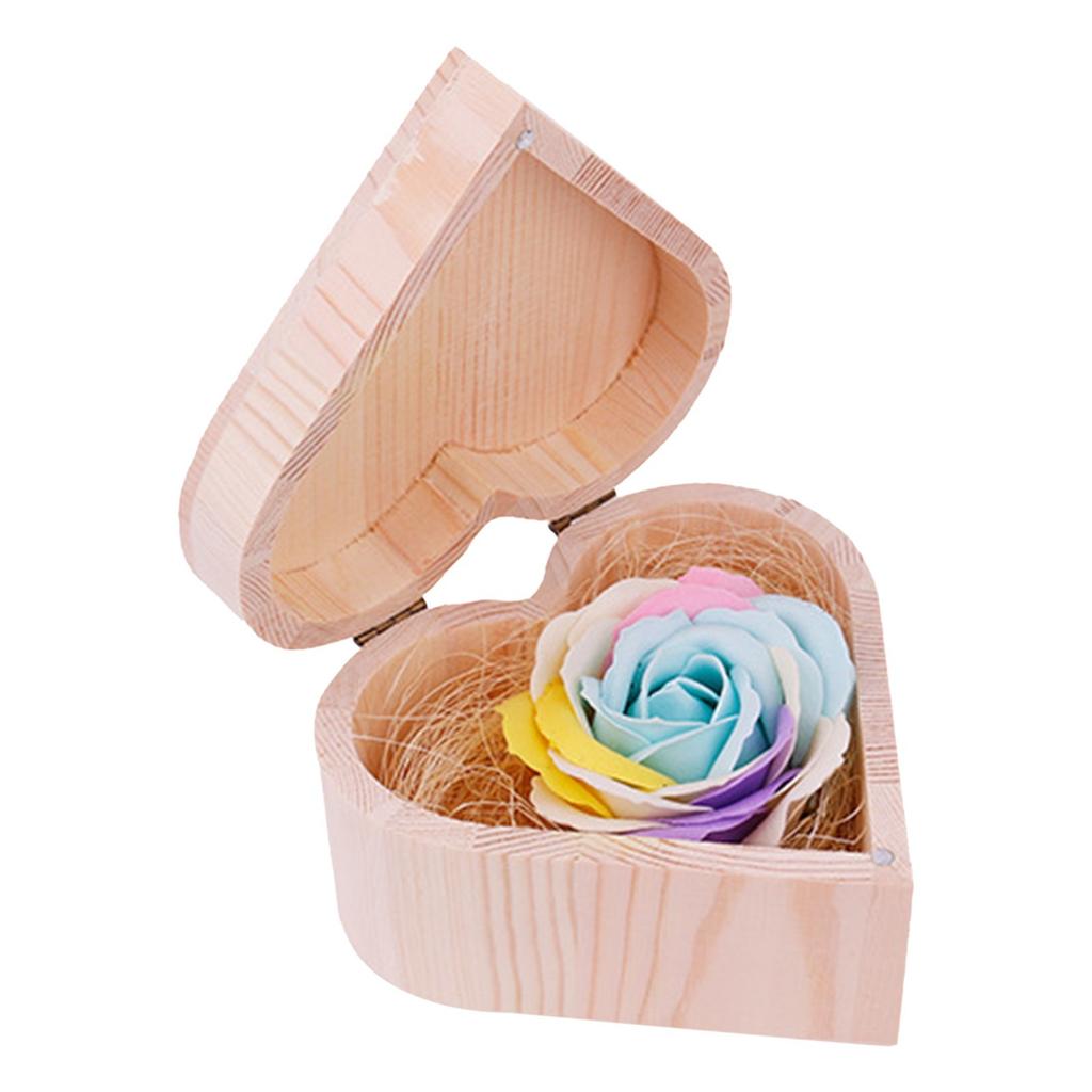 Heart Shaped Wooden Box Soap Flower Simulation Colorful Rose Small Wooden Box