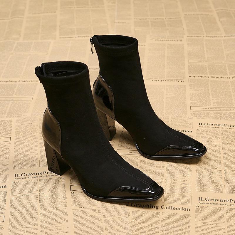 Spring, Autumn and Winter New Temperament Skinny Boots High Heel Boots Small Square Head Women's Short Boots