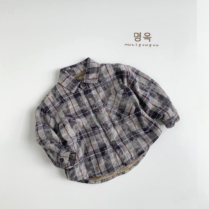 Toddler Kids Plaid Fleece Lined Warm Long Sleeve Casual Shirt For Boys And Girls