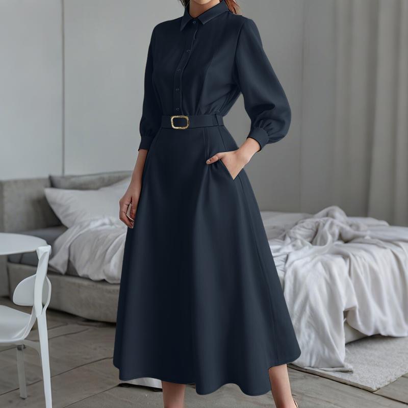 

ZANZEA Женское повседневное платье с отложным воротником и длинными рукавами тёмно-синий