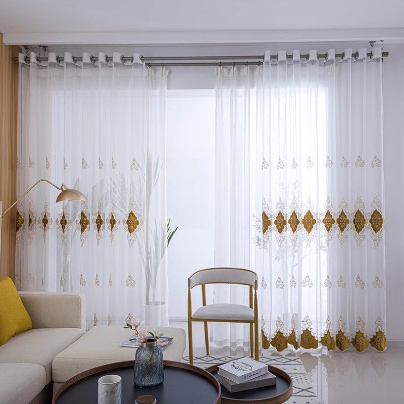 Luxury European Sheer Window Panels, Velvet Trim Embroidery, Transparent Grommet Top Drapes for Living Room