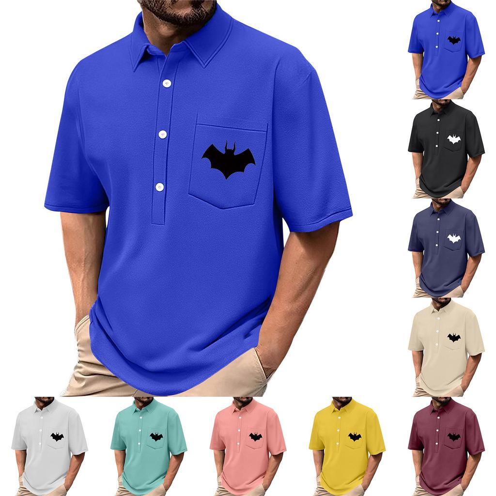 Men's Summer Solid Color Print Four-sided Stretch Lapel Button Pocket Shirt Casual Sports Short-sleeved Top