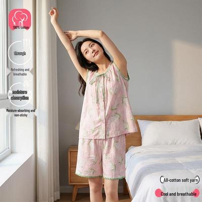 Damen Baumwoll-Musselin Ärmellose Weste & Shorts Set - Geeignet für Zuhause & Draußen