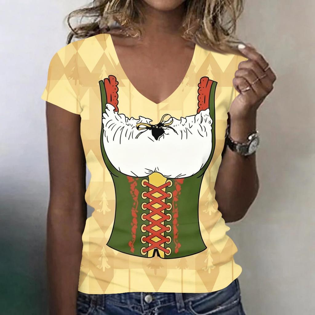 Women's Casual V Neck Short Sleeve T Shirt Oktoberfest Print Top Lightweight Soft Fabric Relaxed Fit Tee for Everyday Wear