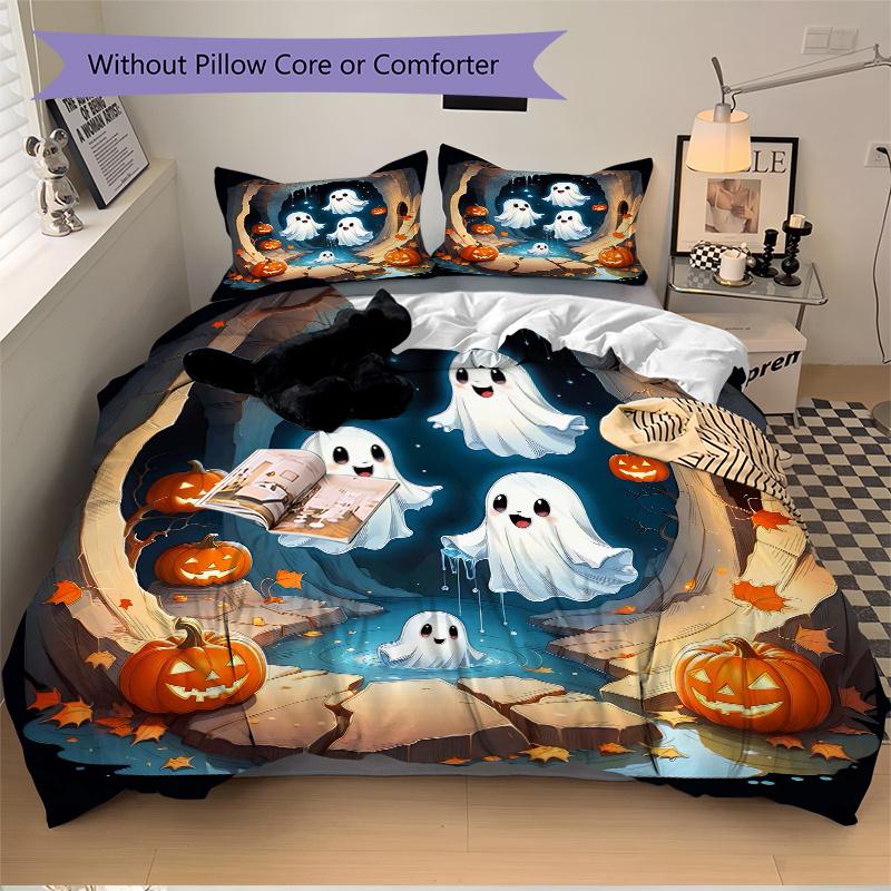 3pcs Cute Ghost Pumpkin Bedding Set - 1 Soft Quilt Cover + 2 Pillowcases, Machine Washable - Suitable for All Seasons, Perfect Gift for Fami