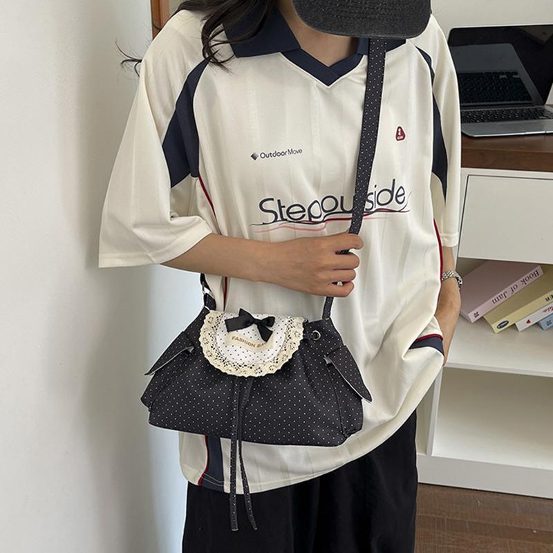 Yogodlns Lace Polka Dot Shoulder Bag Cute Drawstring Flap Crossbody Handbag Sweet Vintage Messenger Purse Daily Casual
