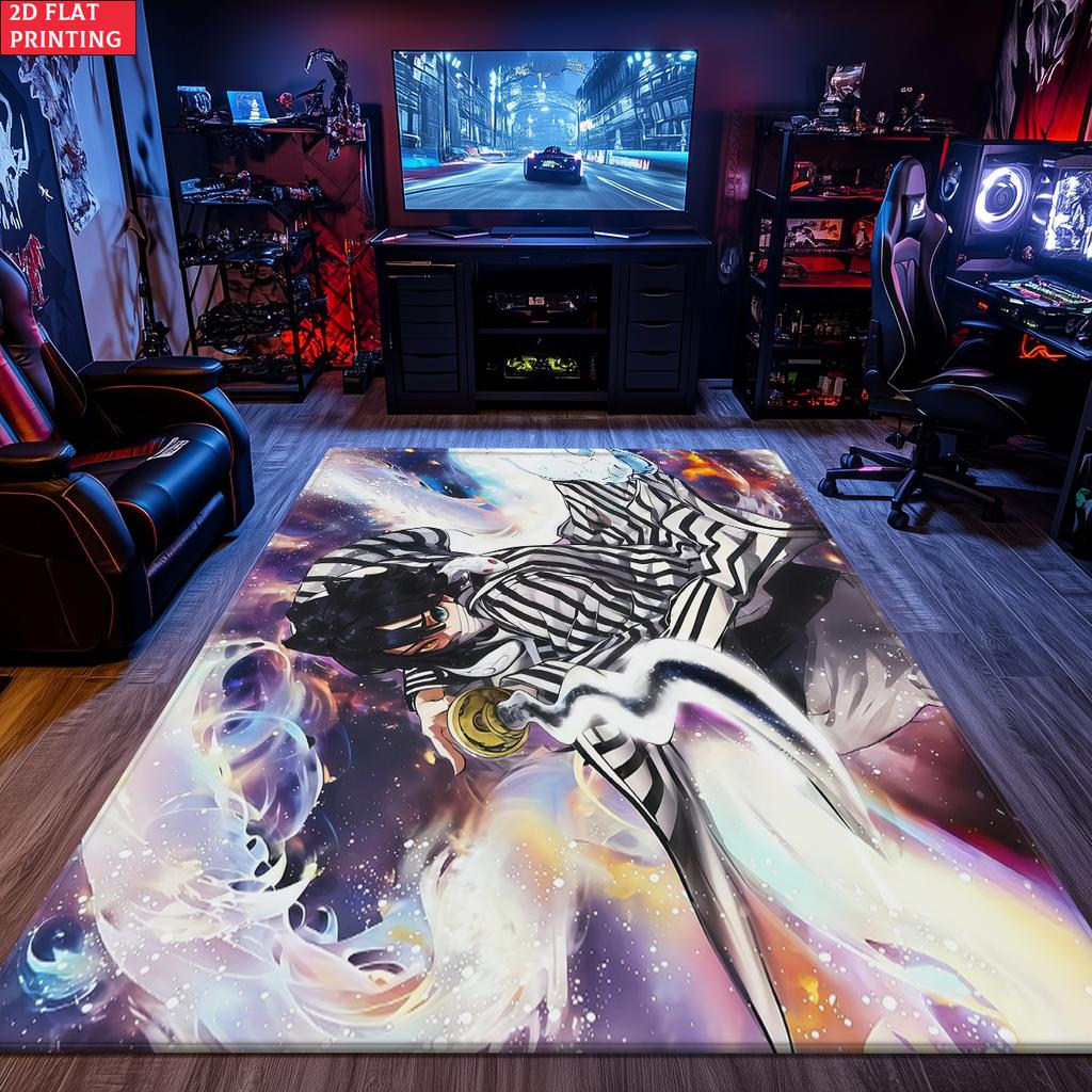 Anime Swordsman Area Rug,Cosmic Nebula Style  Floor Mat,Decorative Carpet for Gaming Room Bedroom,Washable Home Decor Gift