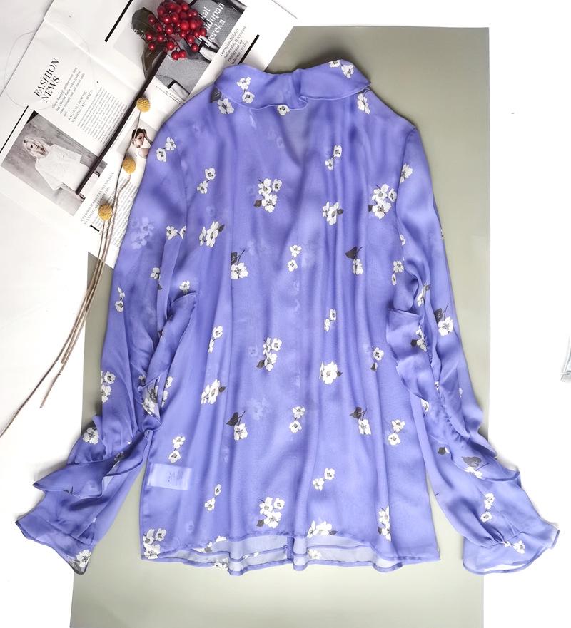 Damen Maulbeerseide V-Ausschnitt Bluse - Französisch Lila, Rüschen, Geknöpft, Doppellagig