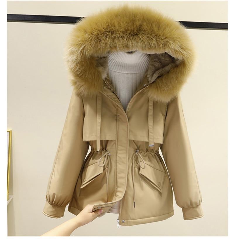 Bavlněná polstrovaná zimní bunda s velkou kožešinou, velikost 3XL, dámská volná štíhlá teplá parka s kapucí, péřová bunda