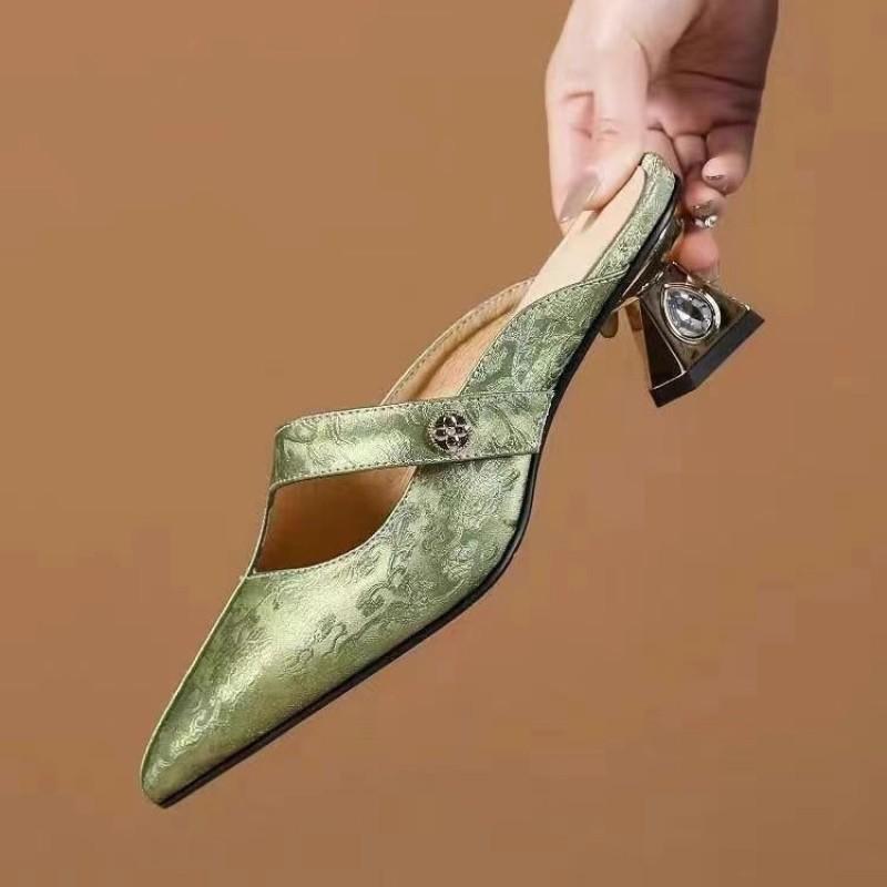 Medium Heel Baotou Half Slippers Women's Summer Wear New High-end Leather Pointed Lazy Sandals
