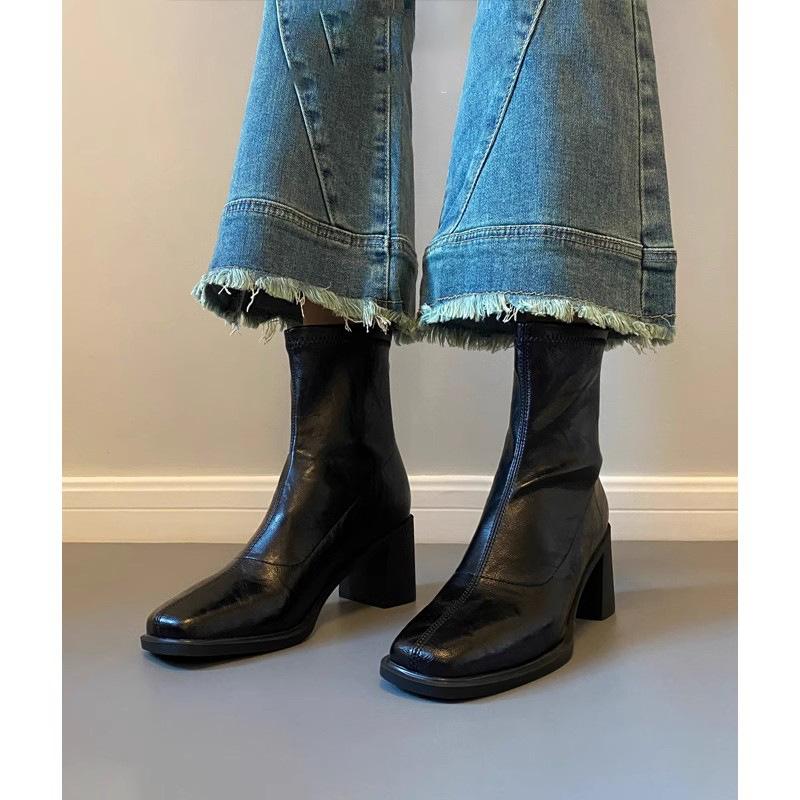 Quiet Bottom Short Boots Commuter High Heel Elastic Thin Boots Autumn And Winter Soft Bottom Public Sector Retro Thick Heel Boots