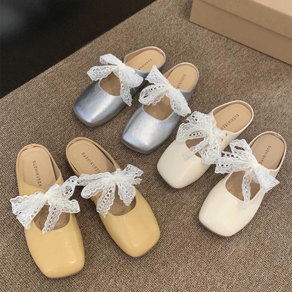 Baotou Half-slipper Women's Spring and Summer Low-heeled Lace Bow Shoes Mary Jane Flip-flops
