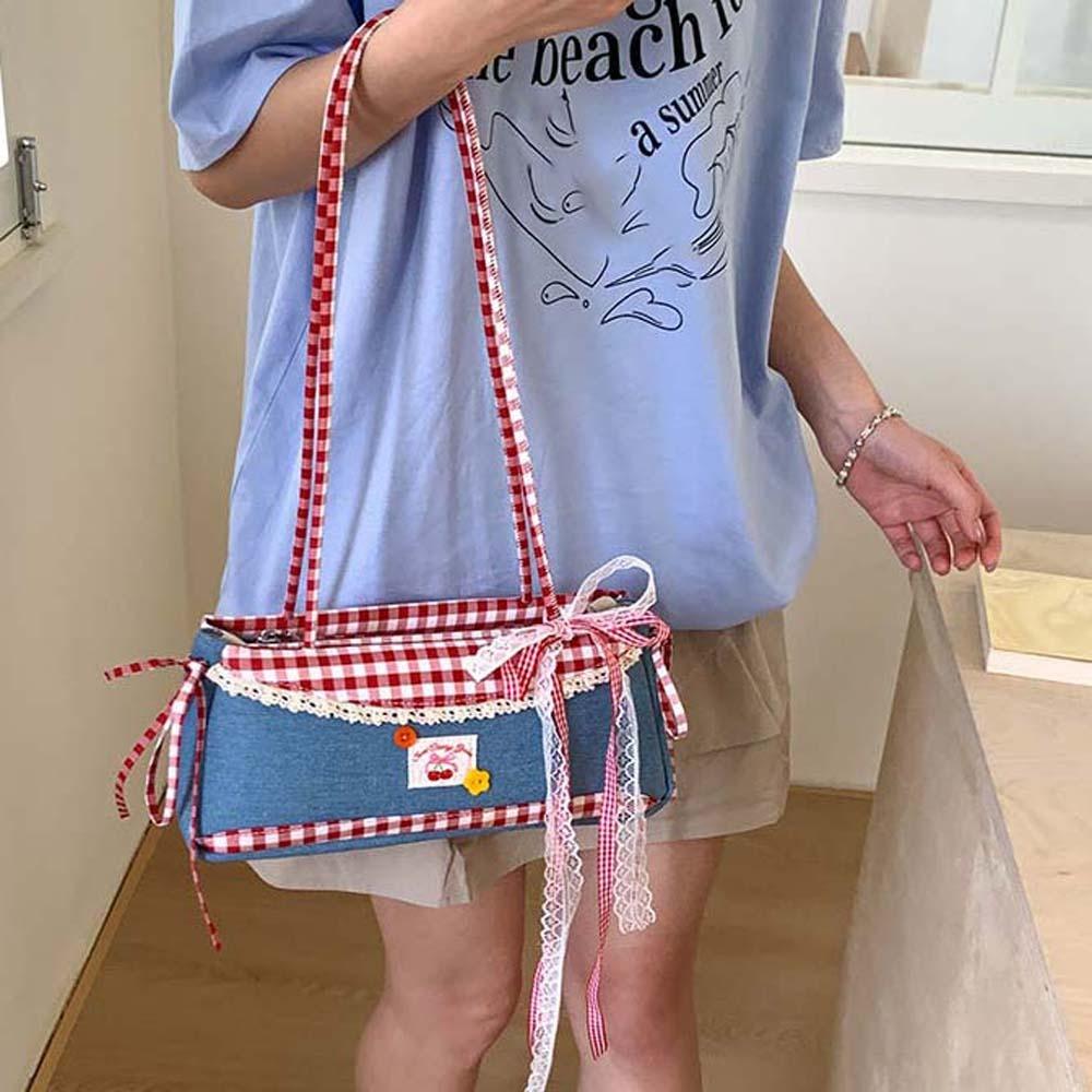 Denim Blue French Stick Handbag Sweet Cloth Underarm Bags All-match Plaid Shoulder Bag Women