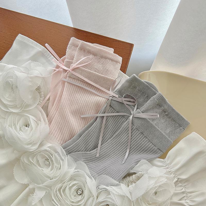 Female Spring and Summer Thin Heel Bow Ballet Style Solid Color Boneless Tube Stack Socks