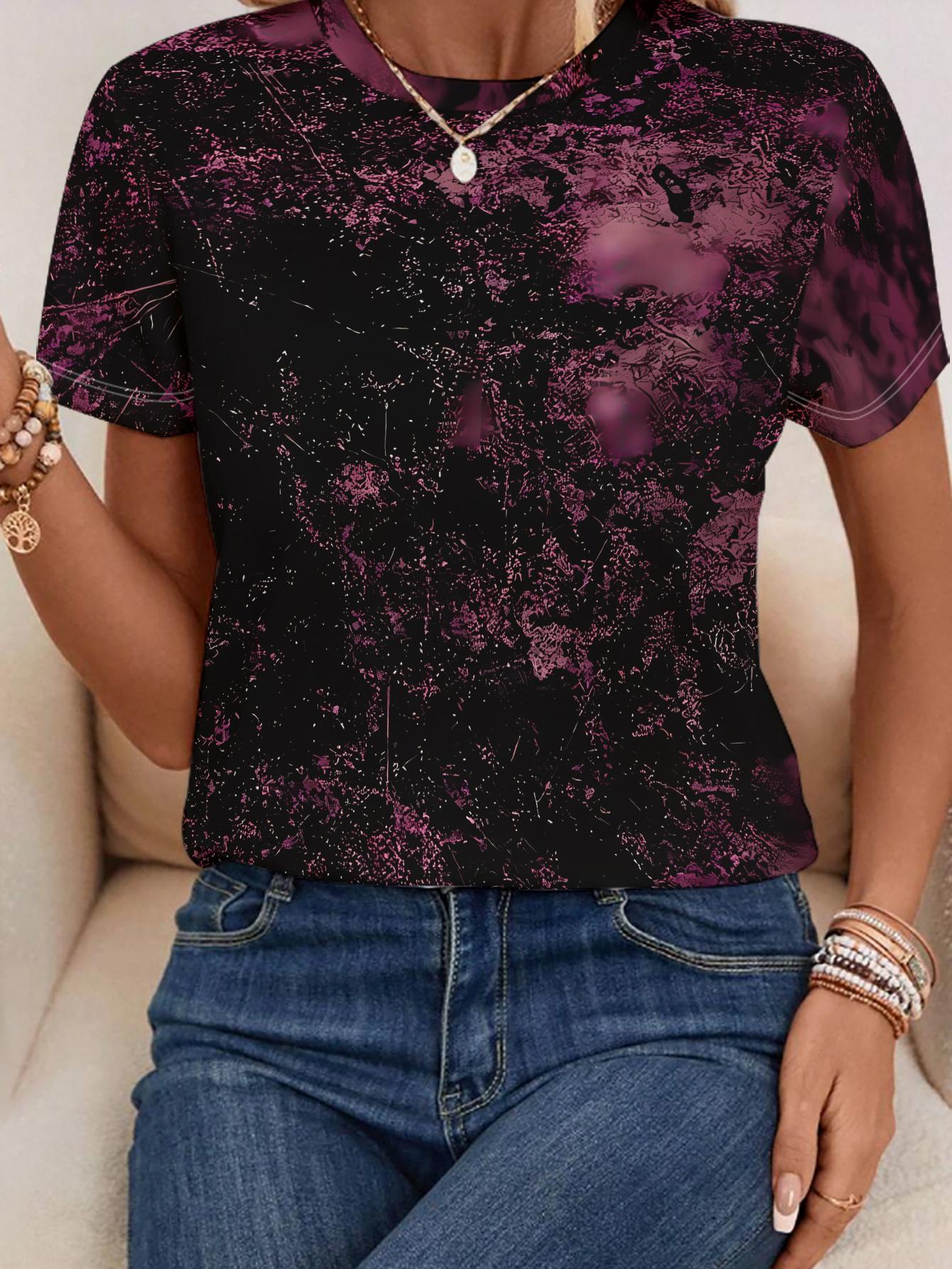 

Dark-style Tie-dye All-over Print Short Sleeve T-shirt. a Niche Design Casual Versatile Women s Top. Features a Black Base with Purple and Pink Ink Sp L дубильная кора