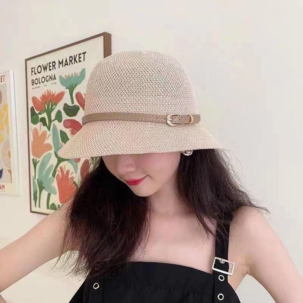 Hats UV Protection Caps Outdoor Straw Hats PU Leather Belt Women Sunscreen Hats Summer Bucket Hats