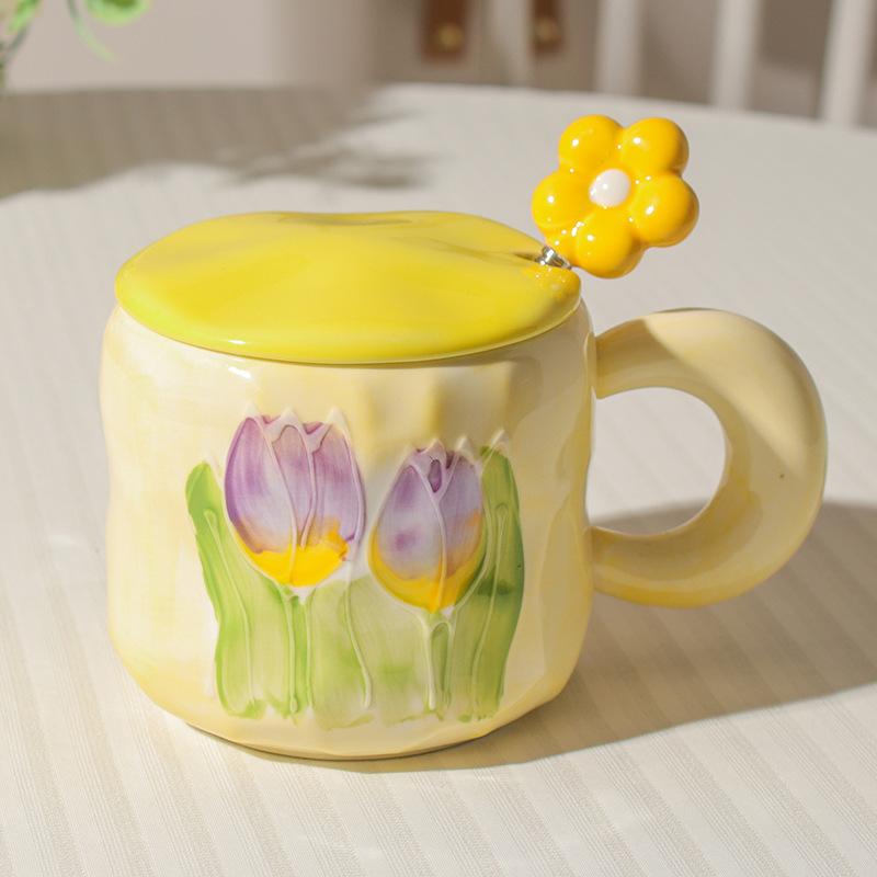 High Value Ins Style Tulip Cup for Girls Cute Ceramic Mug with Lid Spoon Couple Home Coffee Cup