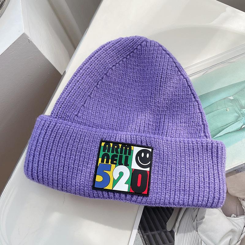 

Korean Autumn and Winter Thickened Wool Hat for Women Simple Alphanumeric Smiley Face Knitted Hat Warm Ear Protection Cold Hat Couple One Size