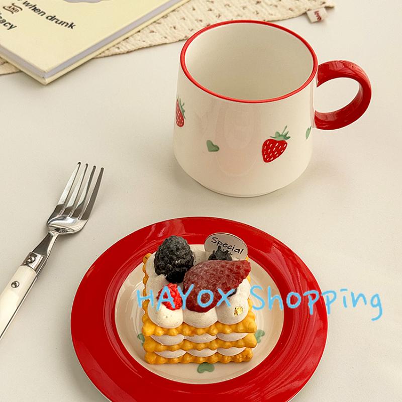Korean Strawberry Ceramic Coffee Cup Plate Afternoon Tea Underglaze Cute Milk Cup Dish Set Red Green Color Birthday Gift