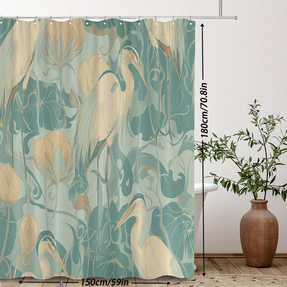 Tenda da Doccia Airone & Loto – Stampa Art Nouveau con Sfondo Azzurro Tenue, 3 Uccelli Stilizzati & Motivi Floreali, 12 Ganci