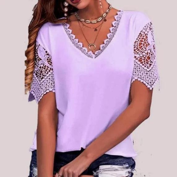 Dámské krajkové patchworkové tričko s volným výstřihem do V a krátkým rukávem