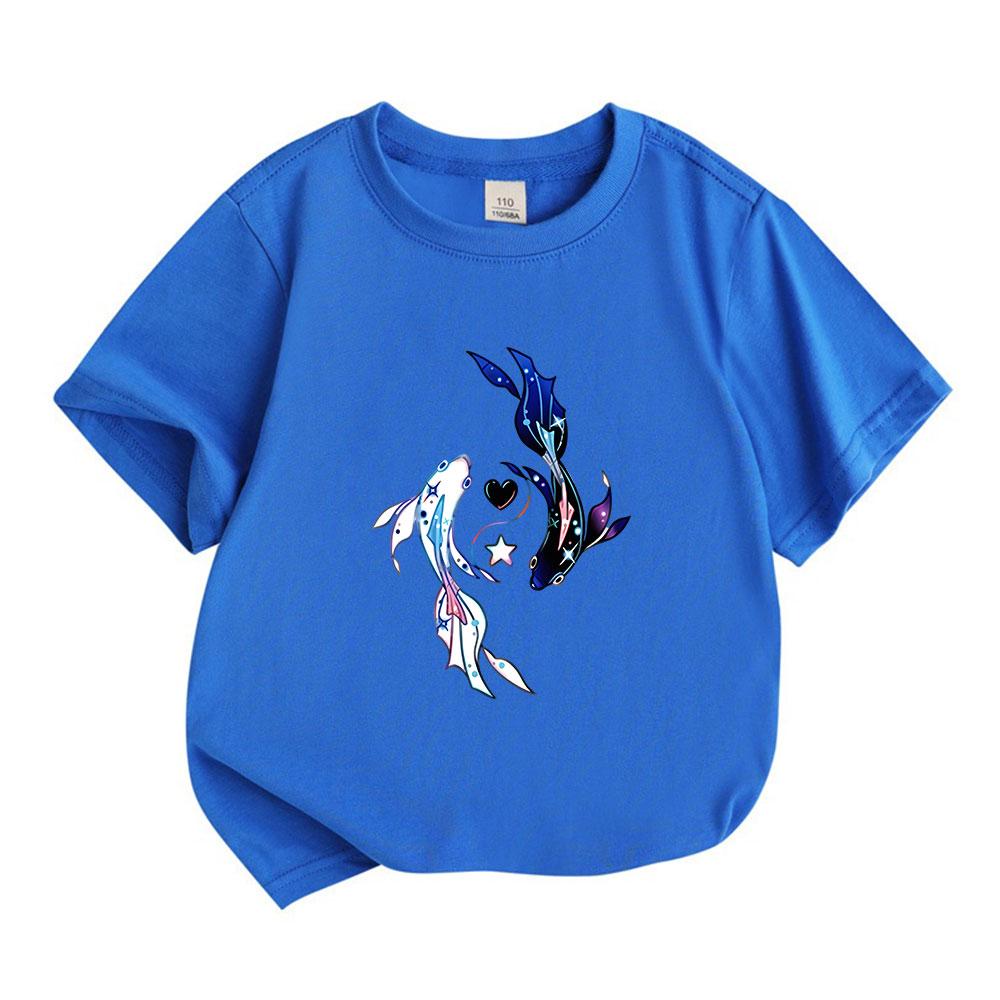 Kids Boys Girls 100% Cotton Crew Neck Short Sleeve T-Shirt, Aesthetic Cosmic Koi Fish Pisces Print Casual Soft Summer Tee for Children