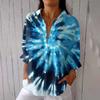 Women's Fashion 3/4 Sleeve Casual Lapel Back Tie-Dye Floral Print T-Shirt Top