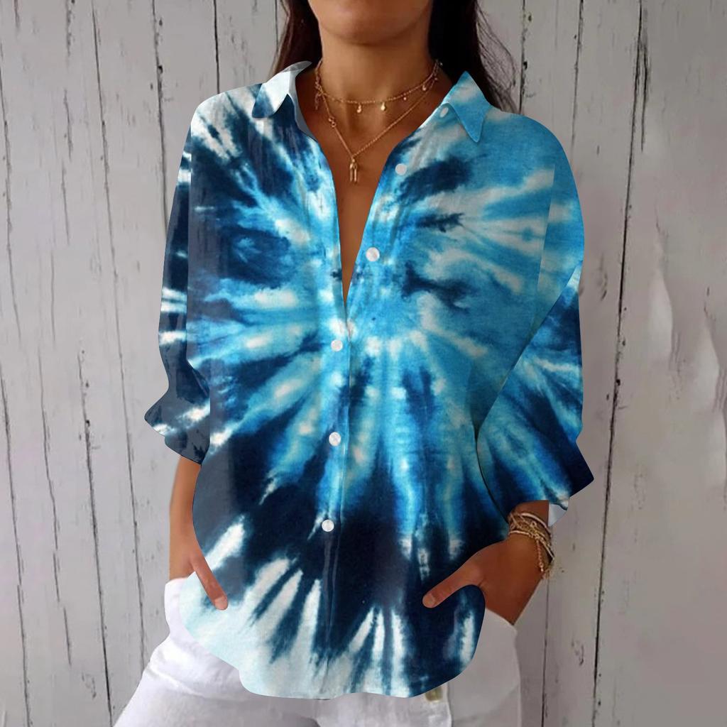 Women's Fashion 3/4 Sleeve Casual Lapel Back Tie-Dye Floral Print T-Shirt Top