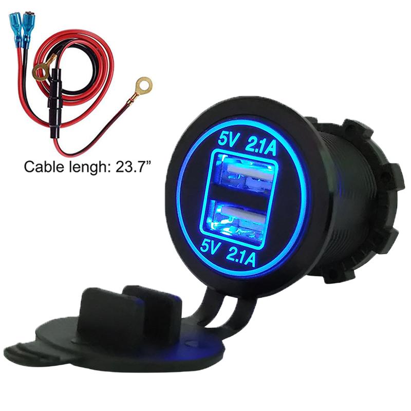 12V 24V Dual USB Charger Socket Power Outlet 2.1A & 2.1A for Car Boat Marine RV Mobile with Wire Fuse DIY Kit Blue Red Green LED