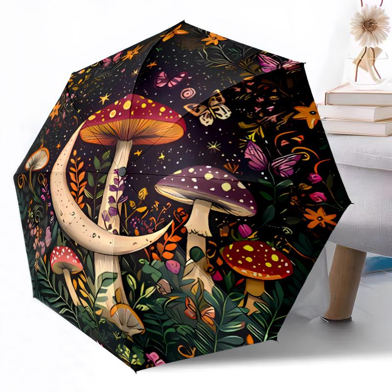Mystical Forest Mushrooms Compact Travel Automatic Umbrella Compact 8-Rib Design Durable Plastic & Iron Travel Essential Elegant Umbrella