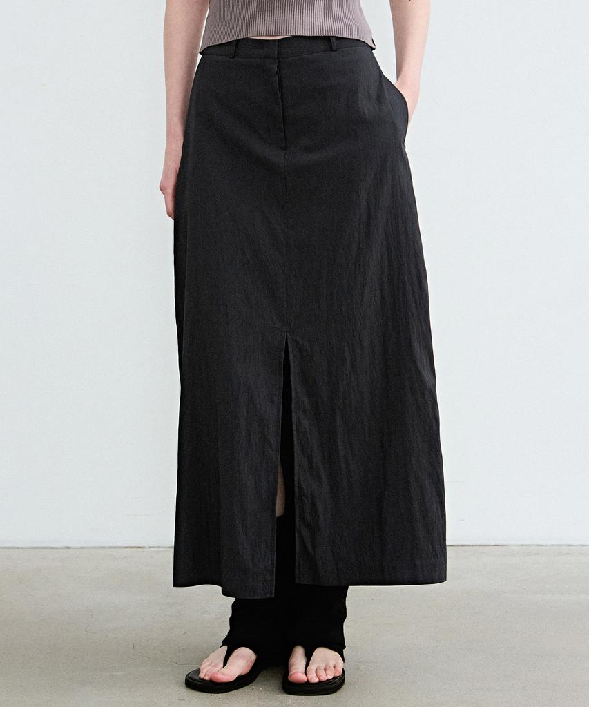 Nigaennikol Seersucker Slit Long Skirt_Navy