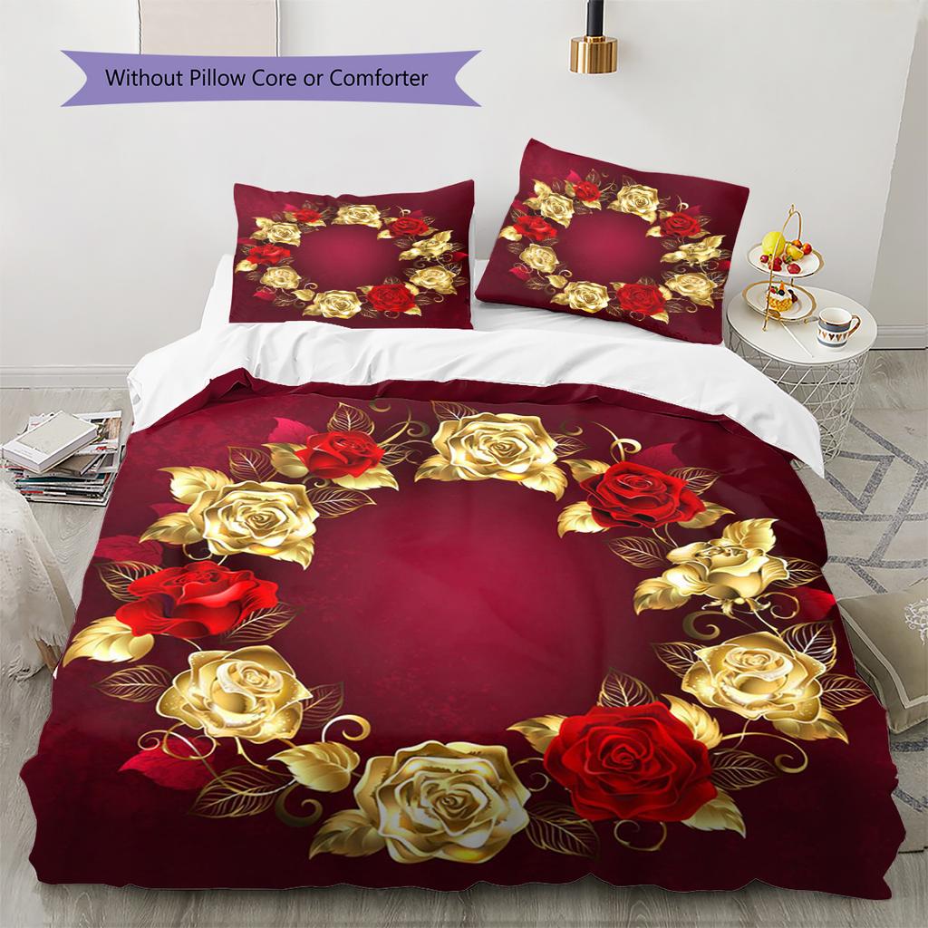 Golden Flower Pattern Bedding Quilt Set Quilt Cover Pillowcase Home Decoration Gift (1 * Duvet Cover + 2 * Pillowcase, Without Core)